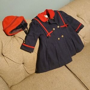 Rothchilds Toddler Girls. Red and Navy Pea Coat with Hat.  Size 3 Toddler.